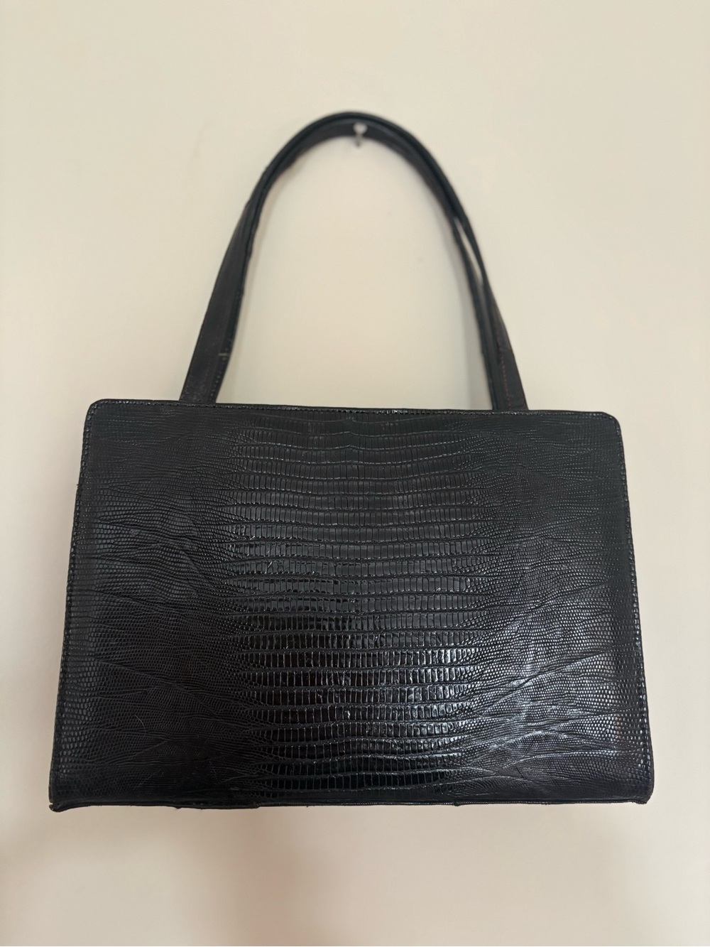 Rare vintage Palizzio Black embossed Lizard Skin Leather Bag With Gold Clasp